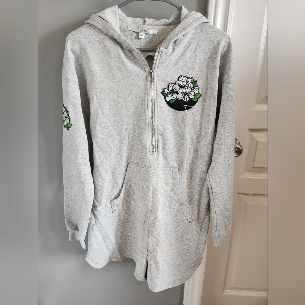 Guess Gray Hooded Jumpsuit with Floral Accents